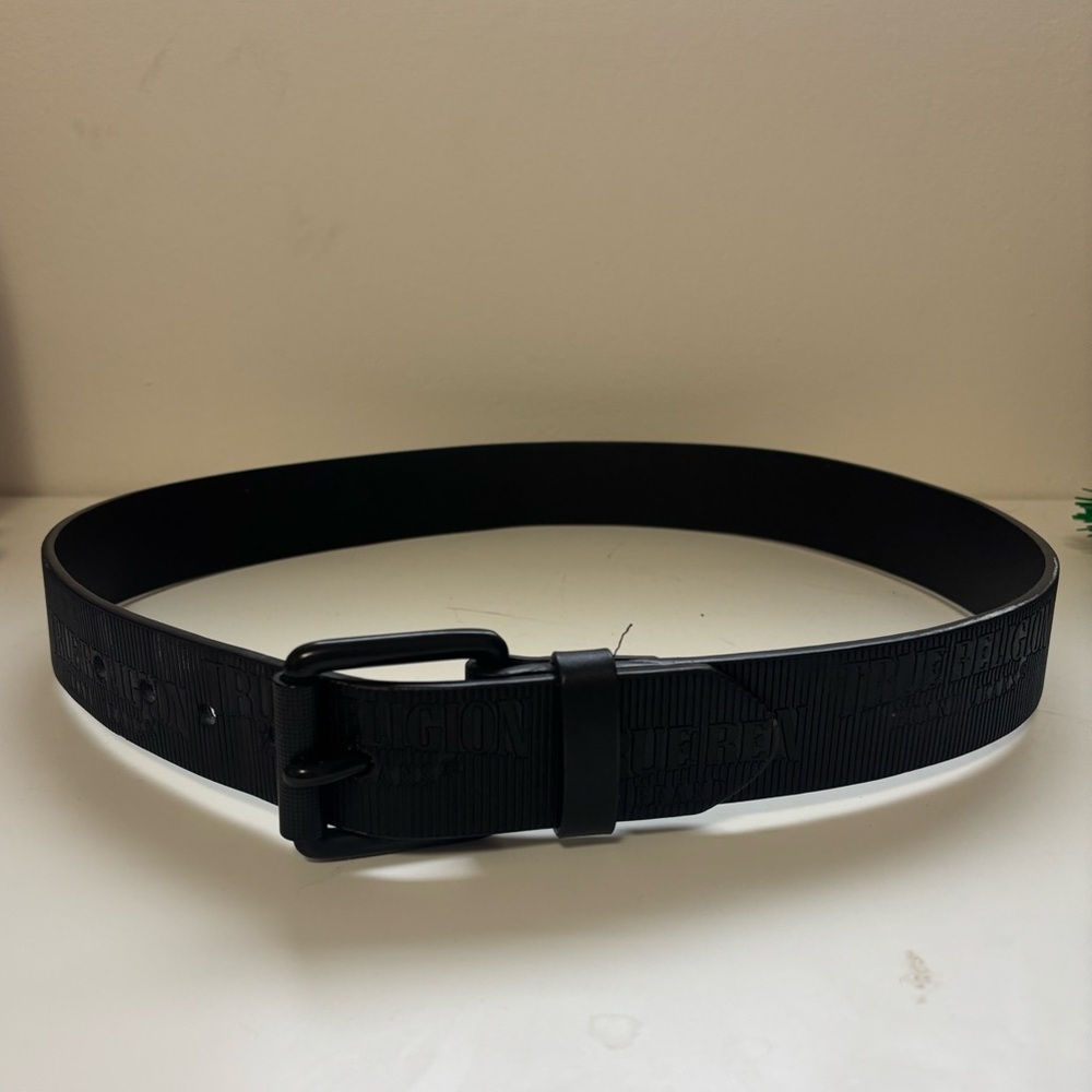True Religion Black Embossed Leather Belt with Matte Black Buckle